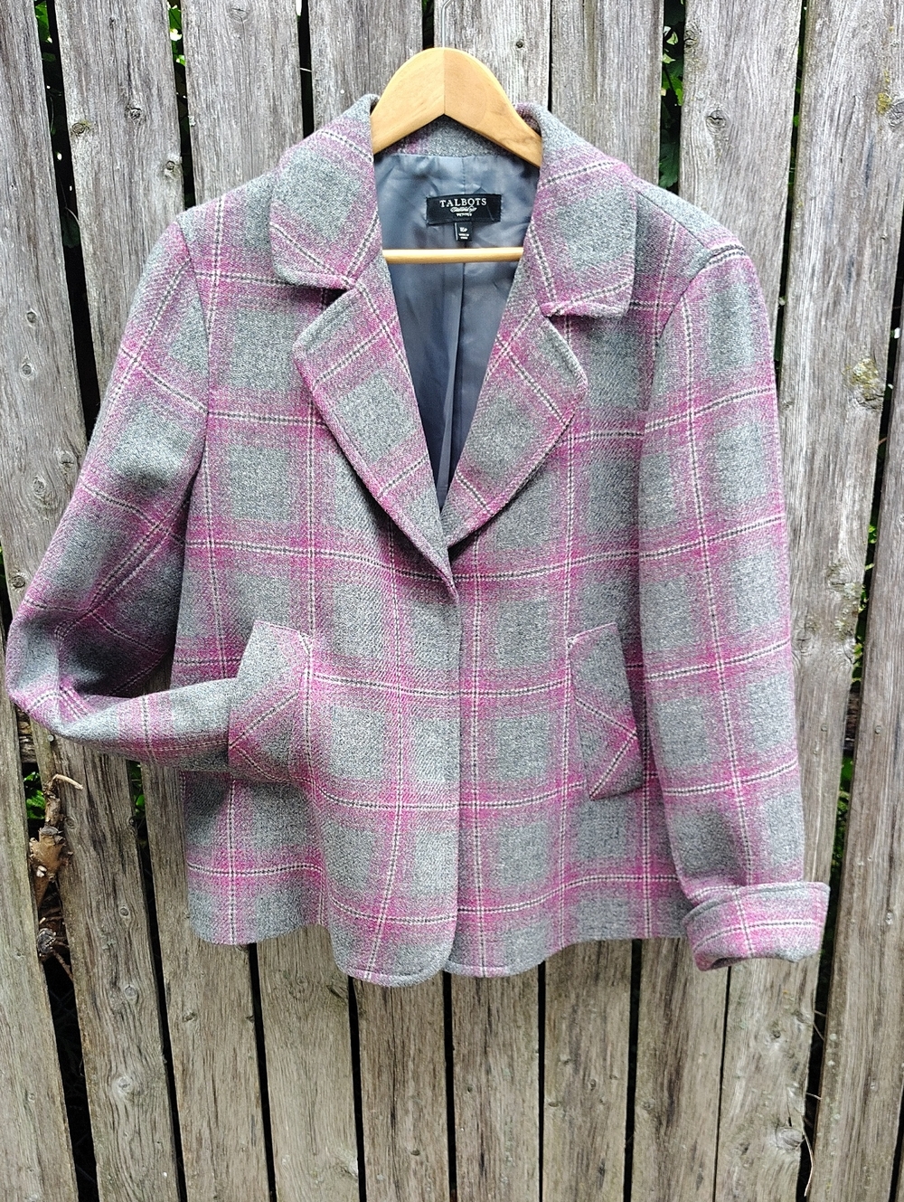 Talbots Gray and Pink Plaid Wool-Blend Blazer